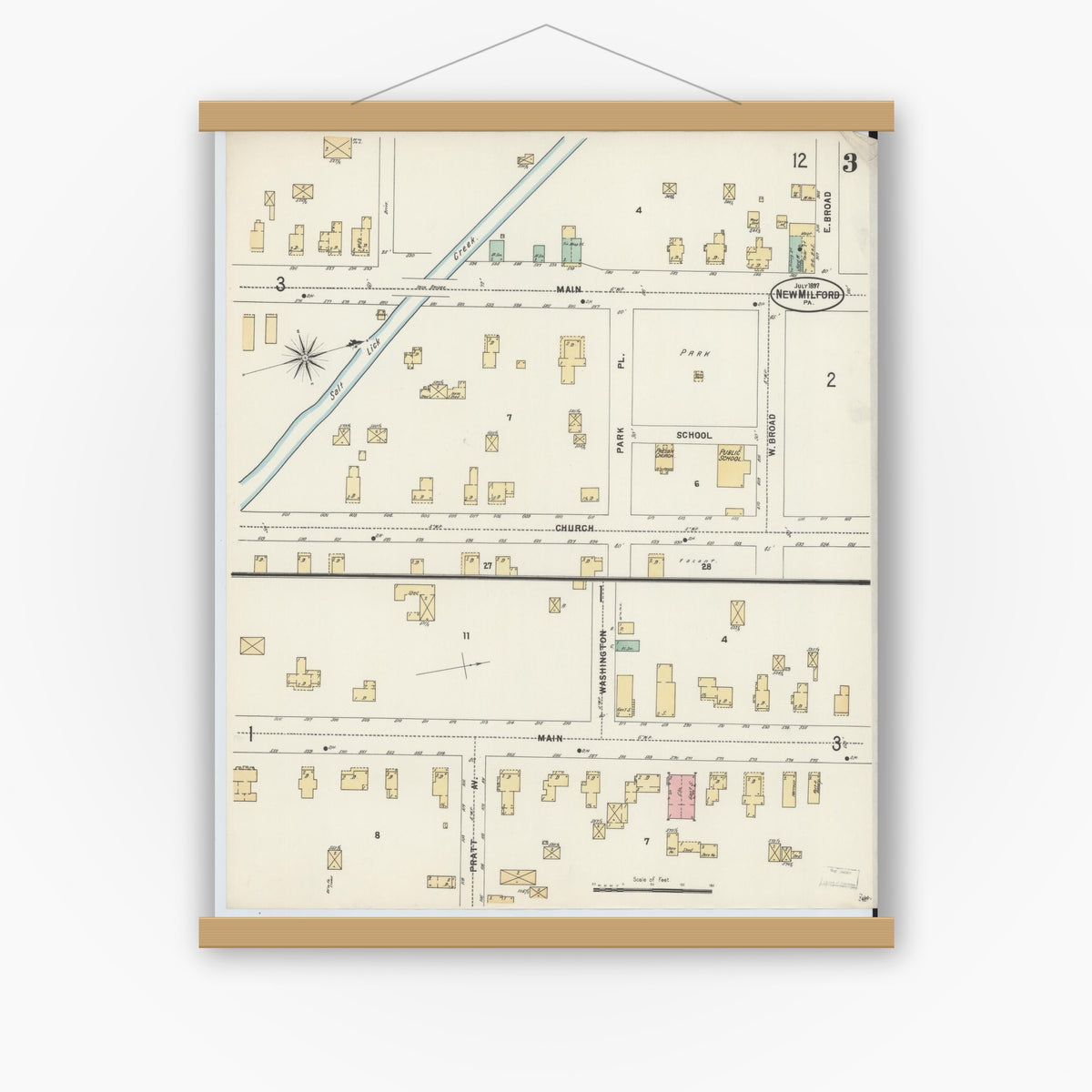 Old map wall art mockup — magnetic wood frame on white wall — Sanborn Fire Insurance Map from New Milford, Susquehanna County, Pennsylvania (1897), Sheet #0003