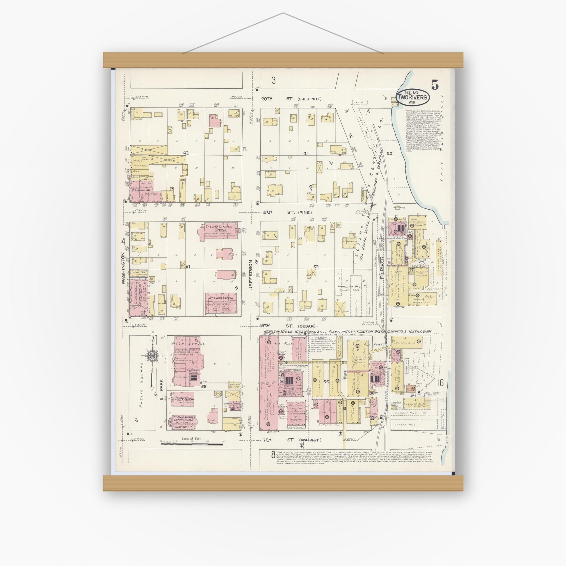 Old map wall art mockup — magnetic wood frame on white wall — Sanborn Fire Insurance Map from Two Rivers, Manitowoc County, Wisconsin (1913), Sheet #0005