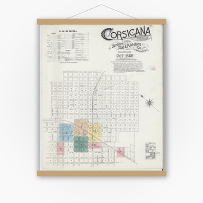 Old map wall art mockup — magnetic wood frame on white wall — Sanborn Fire Insurance Map from Corsicana, Navarro County, Texas (1889), Sheet #0001