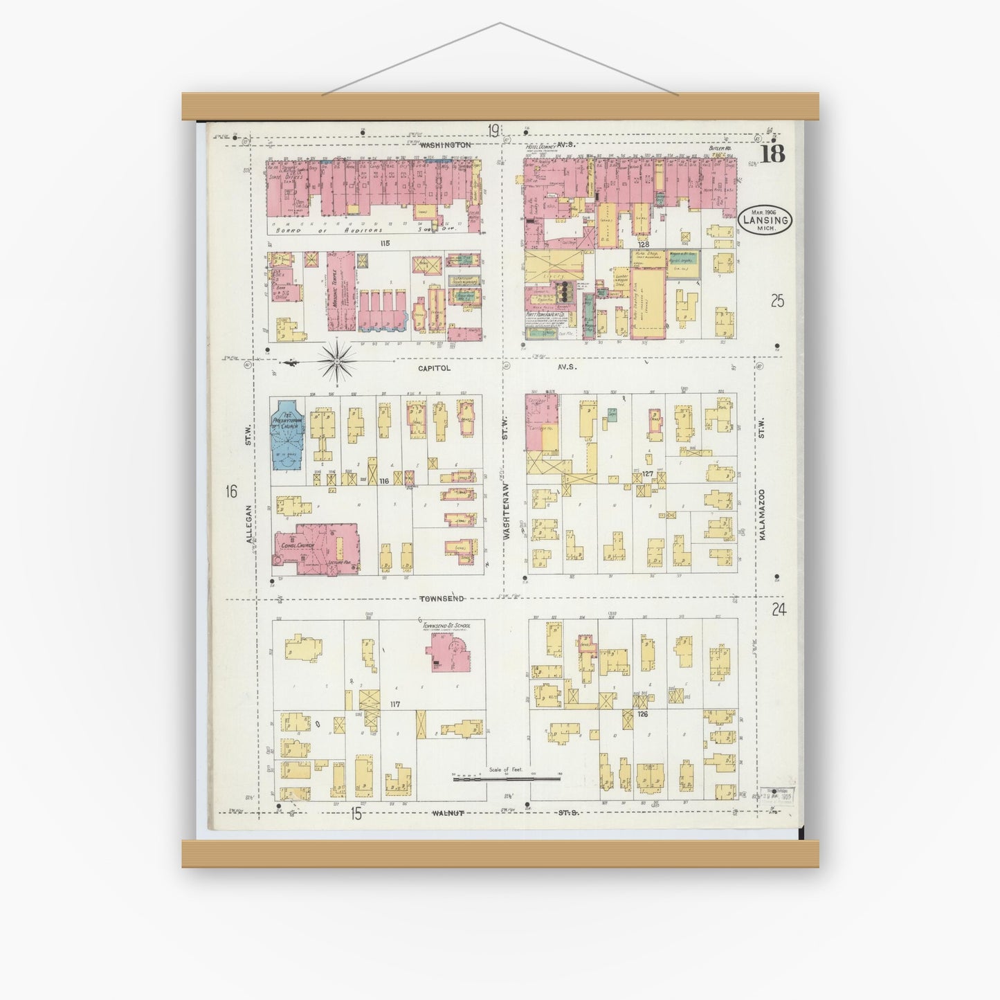 Old map wall art mockup — magnetic wood frame on white wall — Sanborn Fire Insurance Map from Lansing, Ingham County, Michigan (1906), Sheet #0018