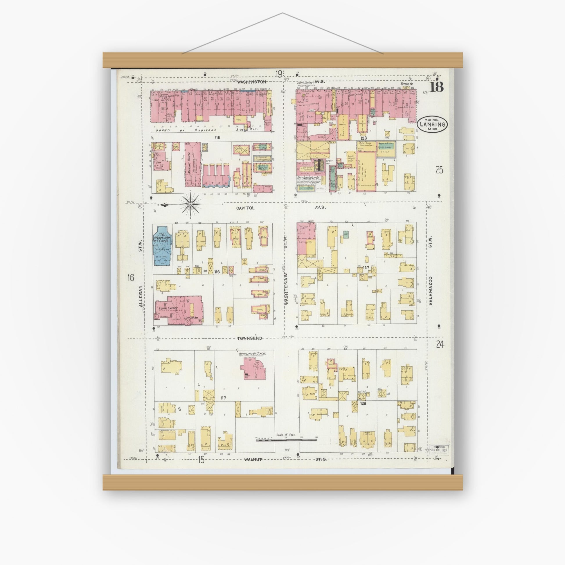Old map wall art mockup — magnetic wood frame on white wall — Sanborn Fire Insurance Map from Lansing, Ingham County, Michigan (1906), Sheet #0018