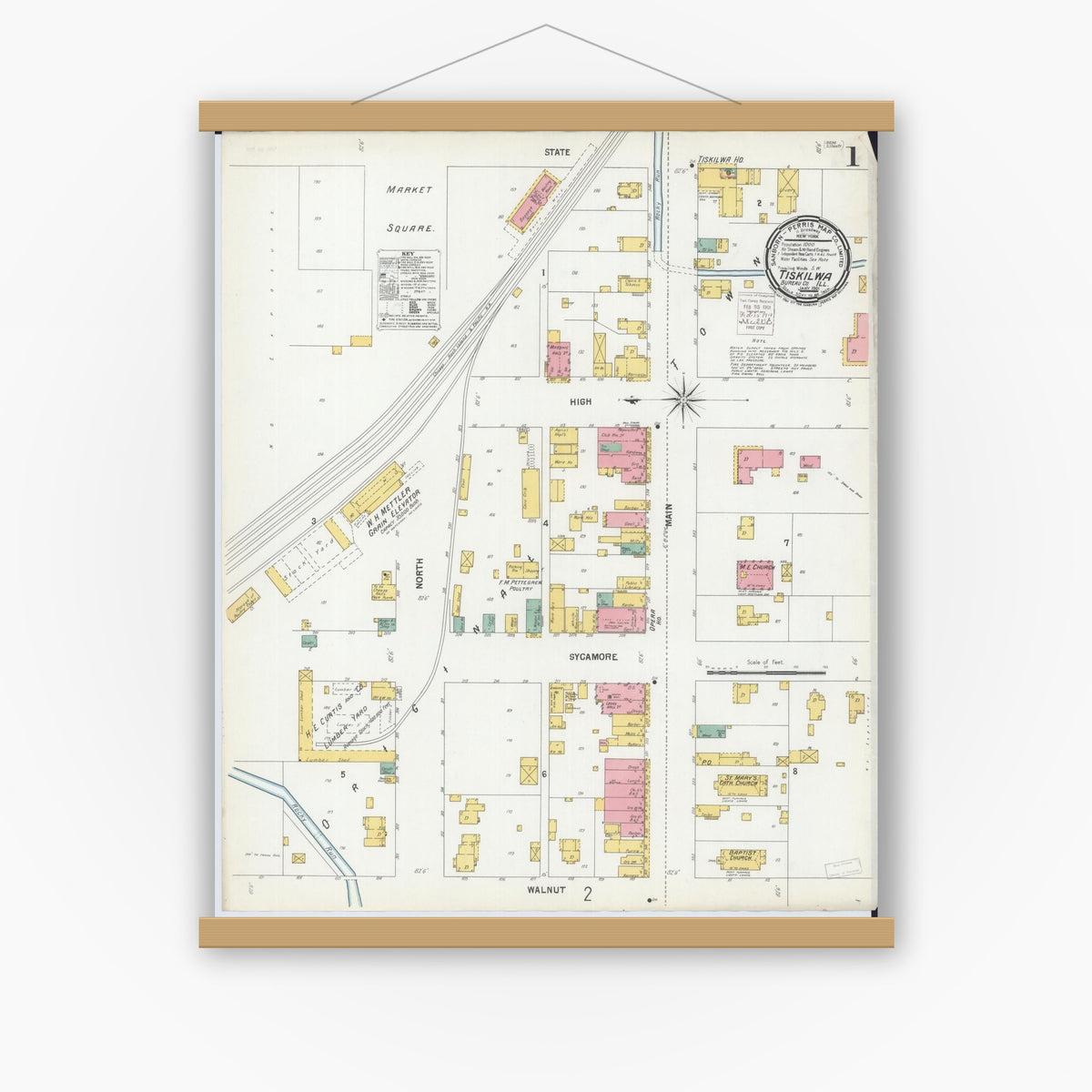 Old map wall art mockup — magnetic wood frame on white wall — Sanborn Fire Insurance Map from Tiskilwa, Bureau County, Illinois (1901) - Complete Map Set