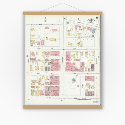 Old map wall art mockup — magnetic wood frame on white wall — Sanborn Fire Insurance Map from Peru, Miami County, Indiana (1906), Sheet #0009