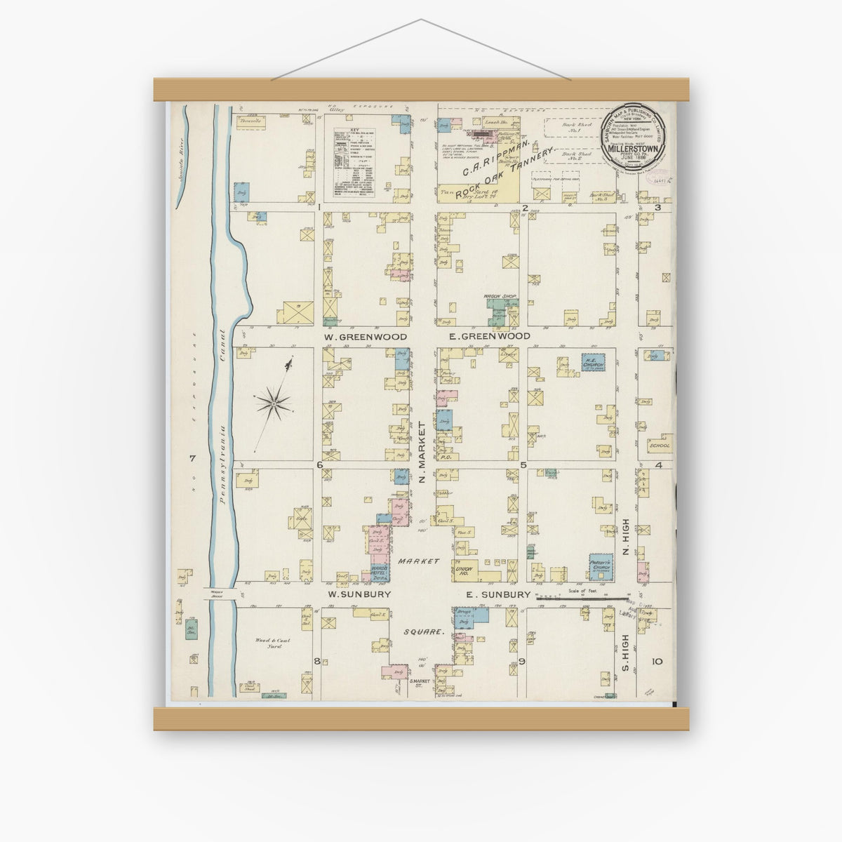 Old map wall art mockup — magnetic wood frame on white wall — Sanborn Fire Insurance Map from Millerstown, Perry County, Pennsylvania (1886), Sheet #0001