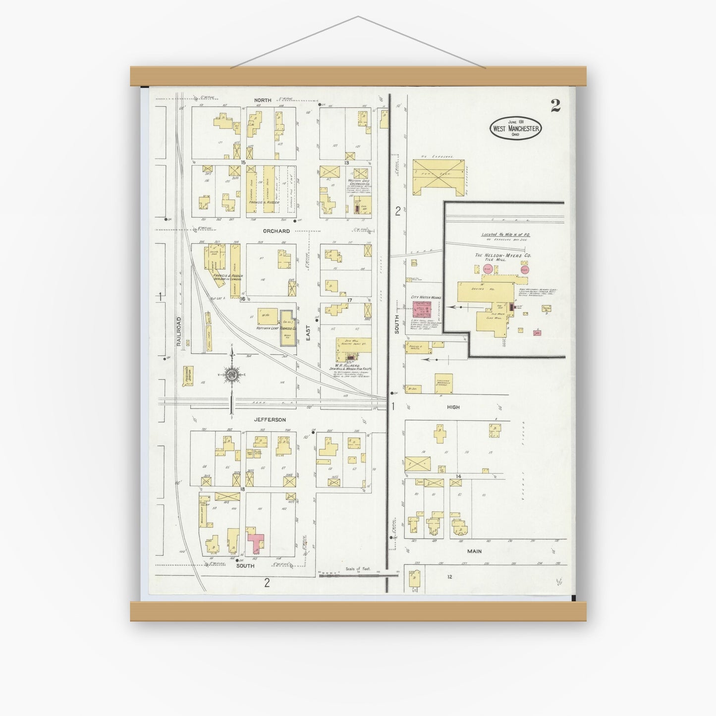 Old map wall art mockup — magnetic wood frame on white wall — Sanborn Fire Insurance Map from West Manchester, Preble County, Ohio (1911), Sheet #0002