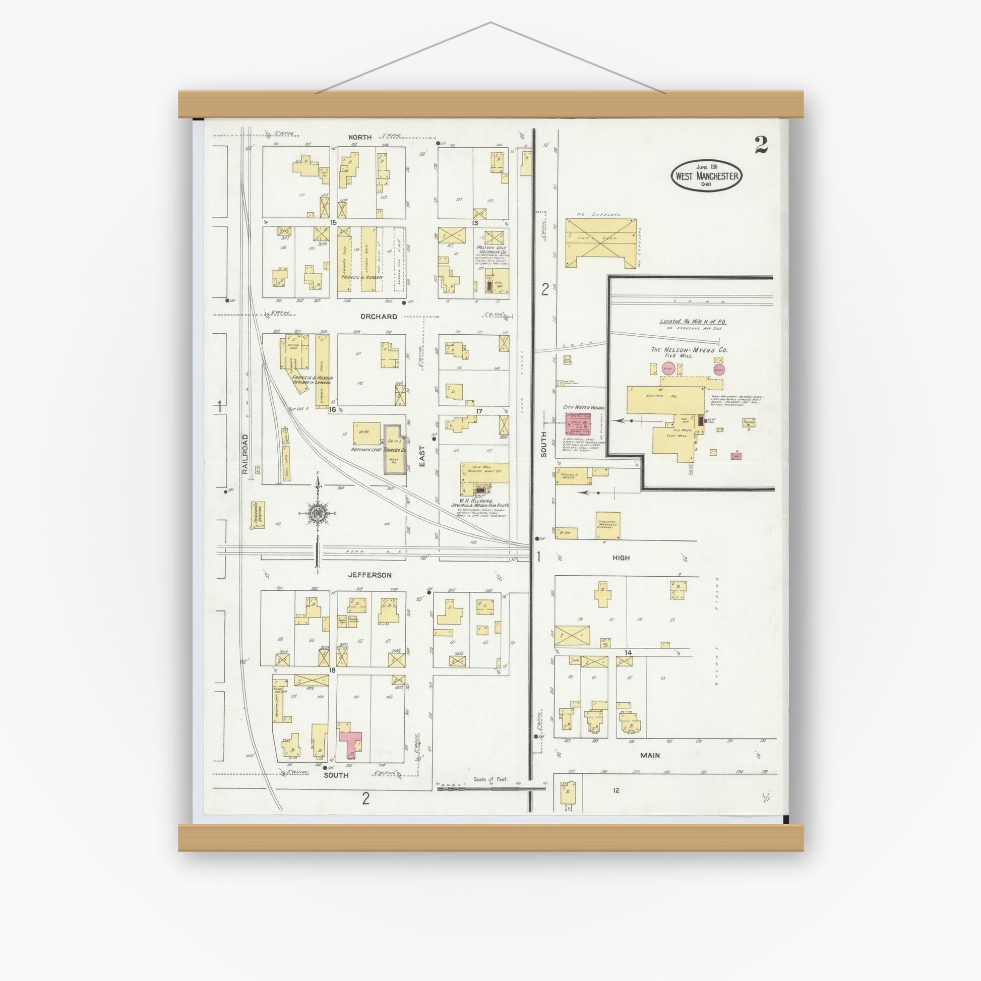 Old map wall art mockup — magnetic wood frame on white wall — Sanborn Fire Insurance Map from West Manchester, Preble County, Ohio (1911), Sheet #0002