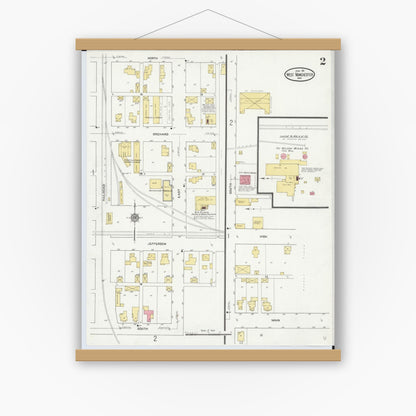 Old map wall art mockup — magnetic wood frame on white wall — Sanborn Fire Insurance Map from West Manchester, Preble County, Ohio (1911), Sheet #0002