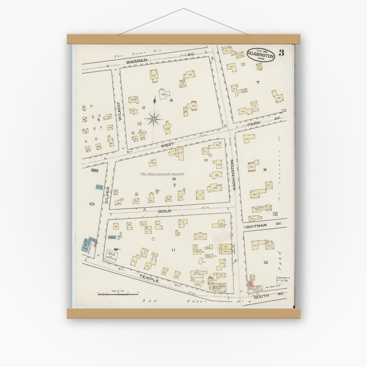 Old map wall art mockup — magnetic wood frame on white wall — Sanborn Fire Insurance Map from South Abington, Plymouth County, Massachusetts (1885), Sheet #0003