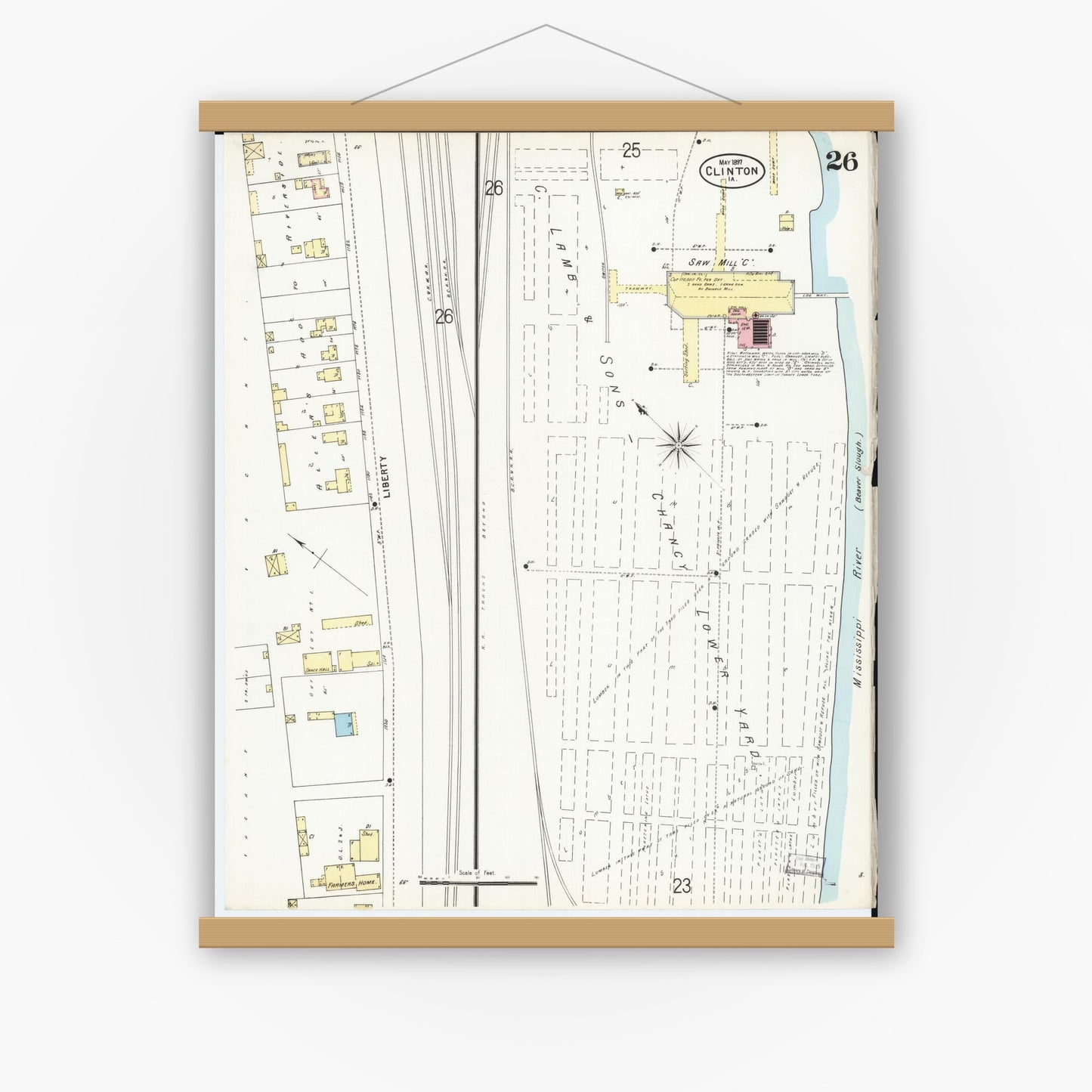 Old map wall art mockup — magnetic wood frame on white wall — Sanborn Fire Insurance Map from Clinton, Clinton County, Iowa (1897), Sheet #0026