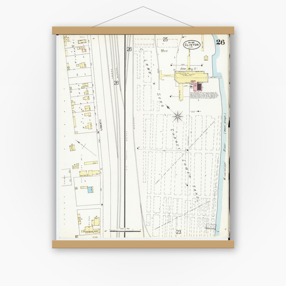Old map wall art mockup — magnetic wood frame on white wall — Sanborn Fire Insurance Map from Clinton, Clinton County, Iowa (1897), Sheet #0026