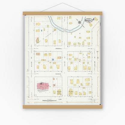 Old map wall art mockup — magnetic wood frame on white wall — Sanborn Fire Insurance Map from Marshall, Lyon County, Minnesota (1917), Sheet #0004
