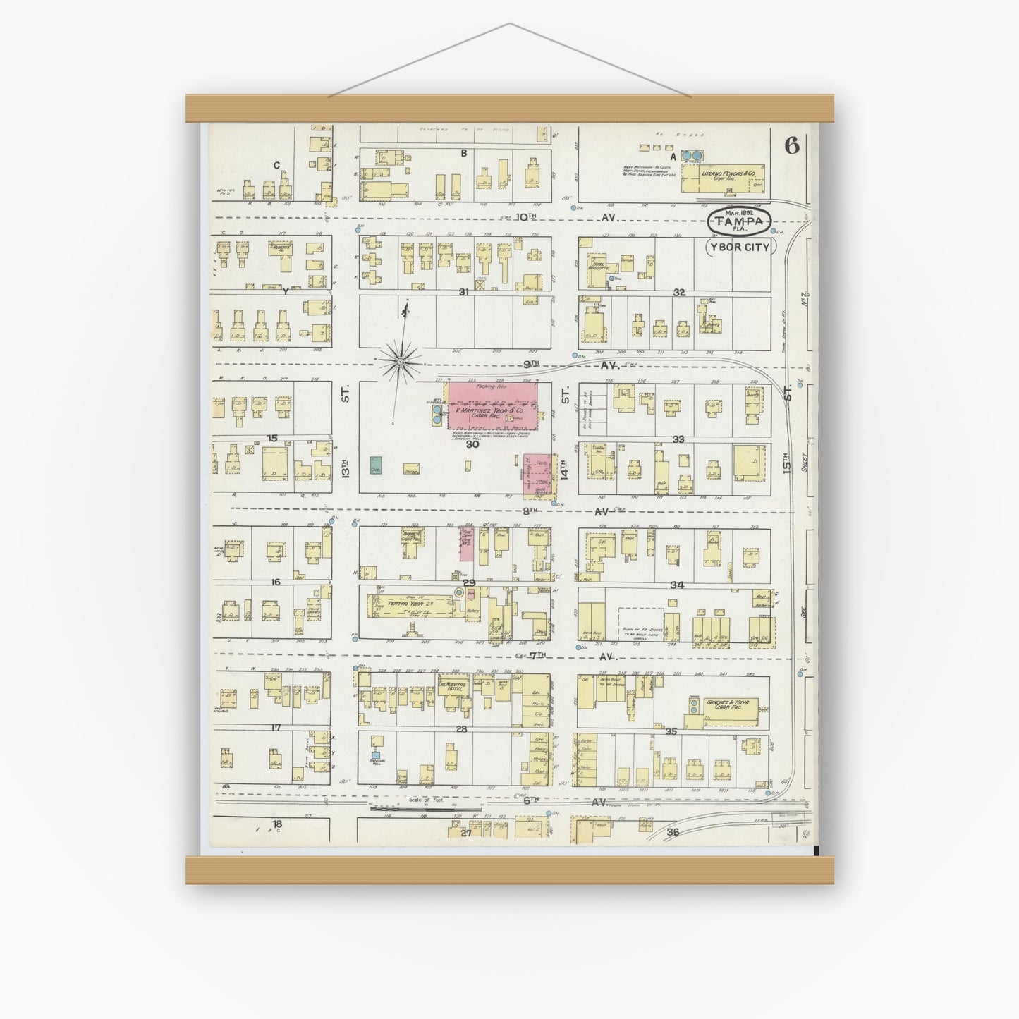 Old map wall art mockup — magnetic wood frame on white wall — Sanborn Fire Insurance Map from Tampa, Hillsborough County, Florida (1892), Sheet #0006