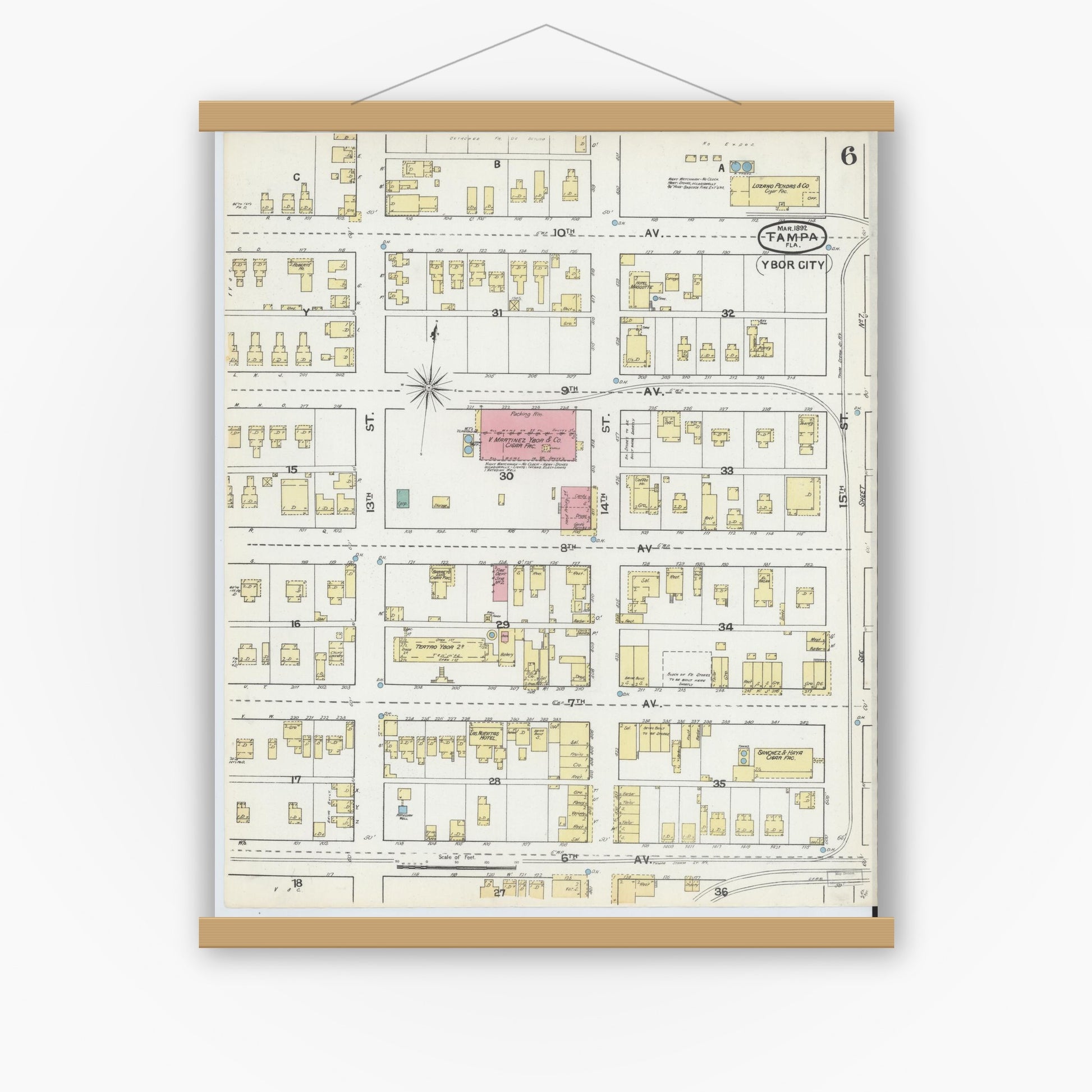 Old map wall art mockup — magnetic wood frame on white wall — Sanborn Fire Insurance Map from Tampa, Hillsborough County, Florida (1892), Sheet #0006
