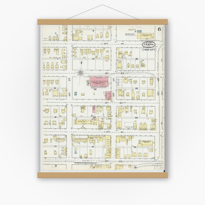 Old map wall art mockup — magnetic wood frame on white wall — Sanborn Fire Insurance Map from Tampa, Hillsborough County, Florida (1892), Sheet #0006