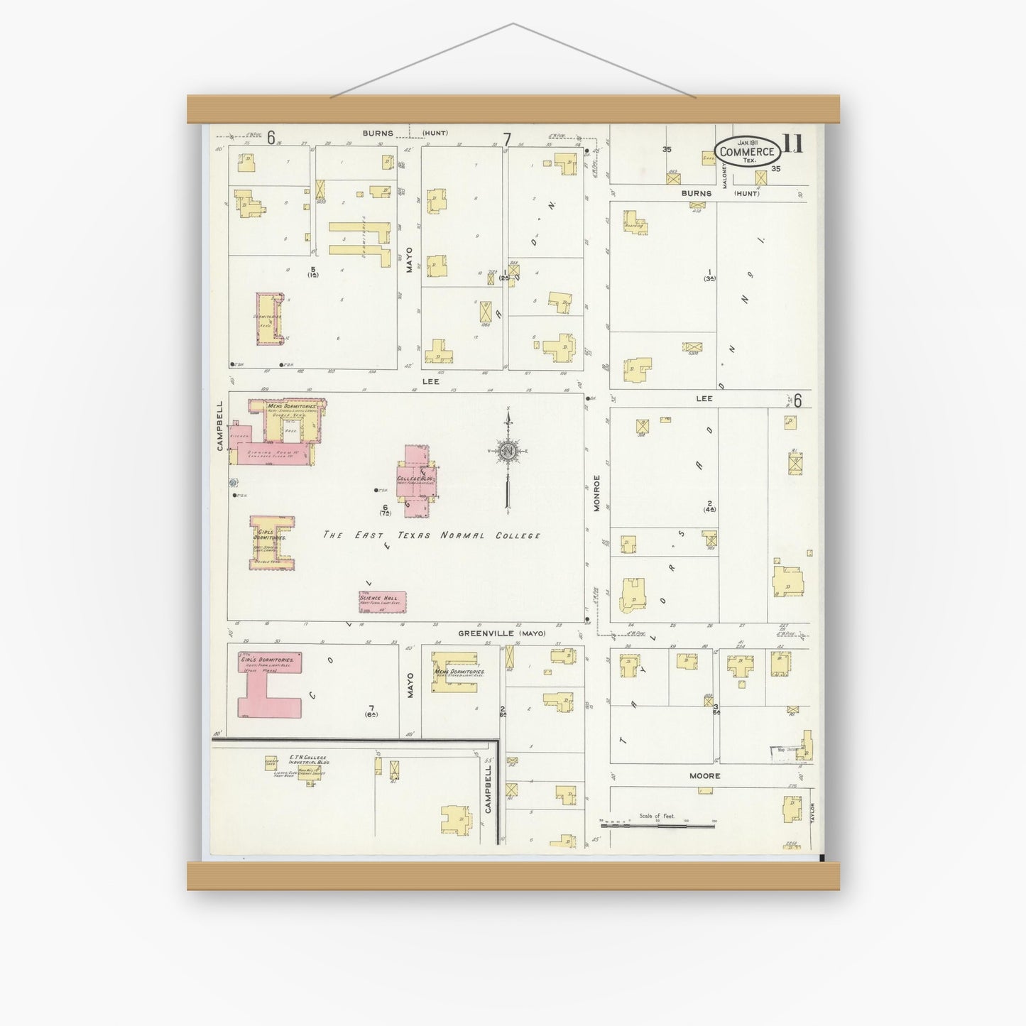 Old map wall art mockup — magnetic wood frame on white wall — Sanborn Fire Insurance Map from Commerce, Hunt County, Texas (1911), Sheet #0011