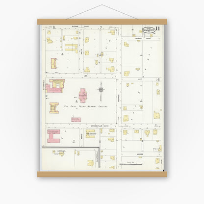 Old map wall art mockup — magnetic wood frame on white wall — Sanborn Fire Insurance Map from Commerce, Hunt County, Texas (1911), Sheet #0011