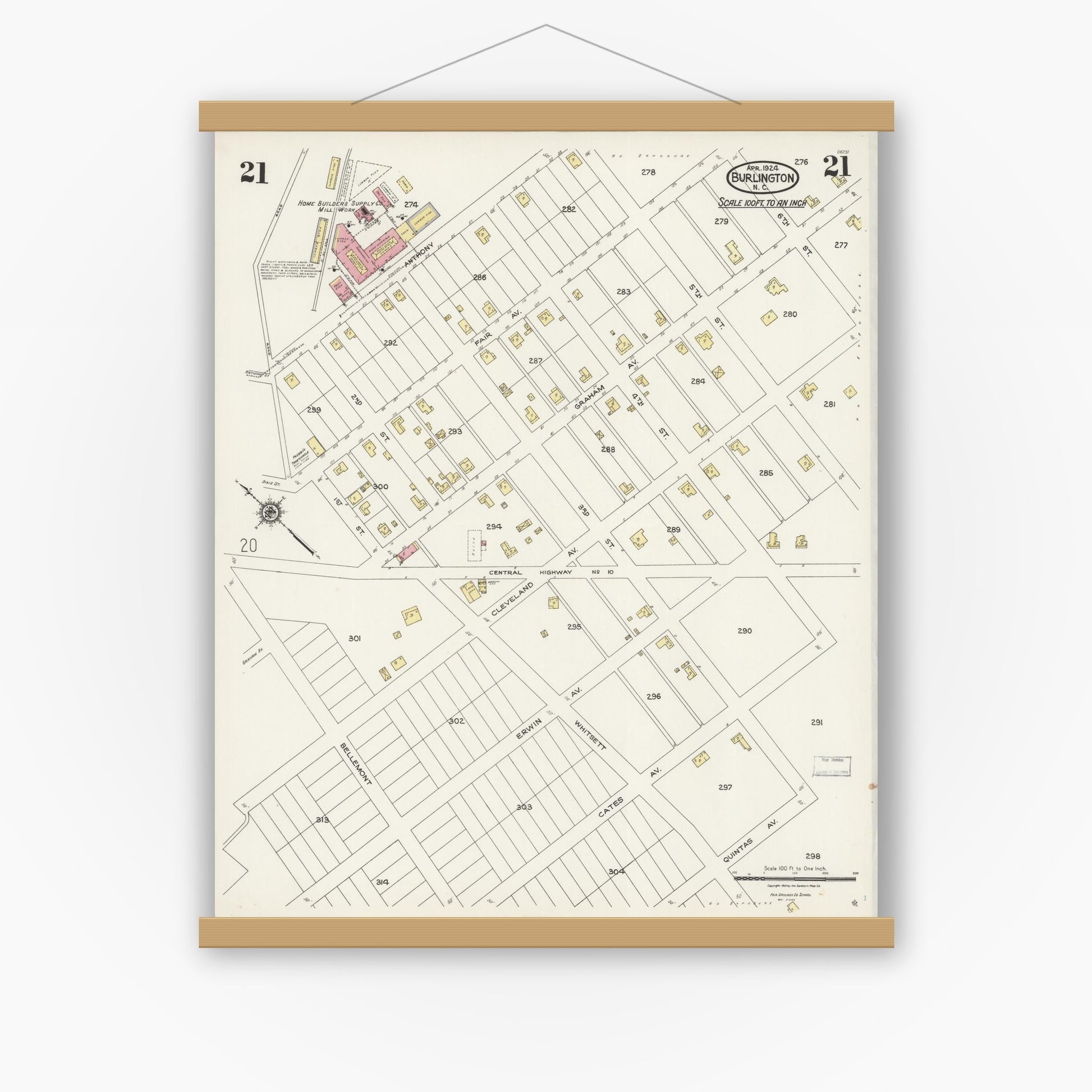 Old map wall art mockup — magnetic wood frame on white wall — Sanborn Fire Insurance Map from Burlington, Alamance County, North Carolina (1924), Sheet #0021