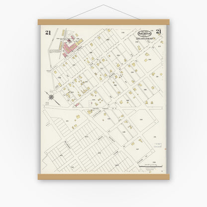 Old map wall art mockup — magnetic wood frame on white wall — Sanborn Fire Insurance Map from Burlington, Alamance County, North Carolina (1924), Sheet #0021