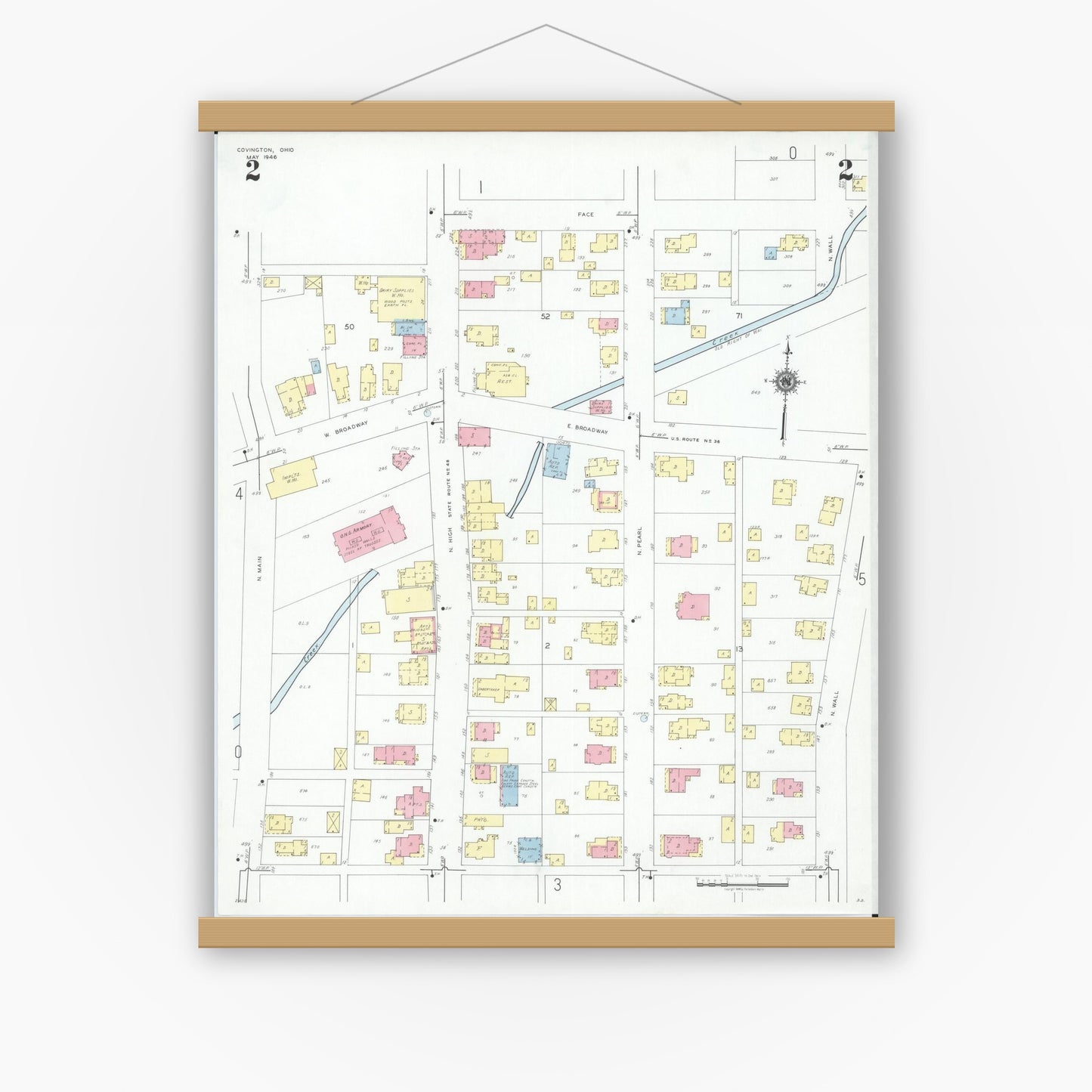 Old map wall art mockup — magnetic wood frame on white wall — Sanborn Fire Insurance Map from Covington, Miami County, Ohio (1946), Sheet #0002