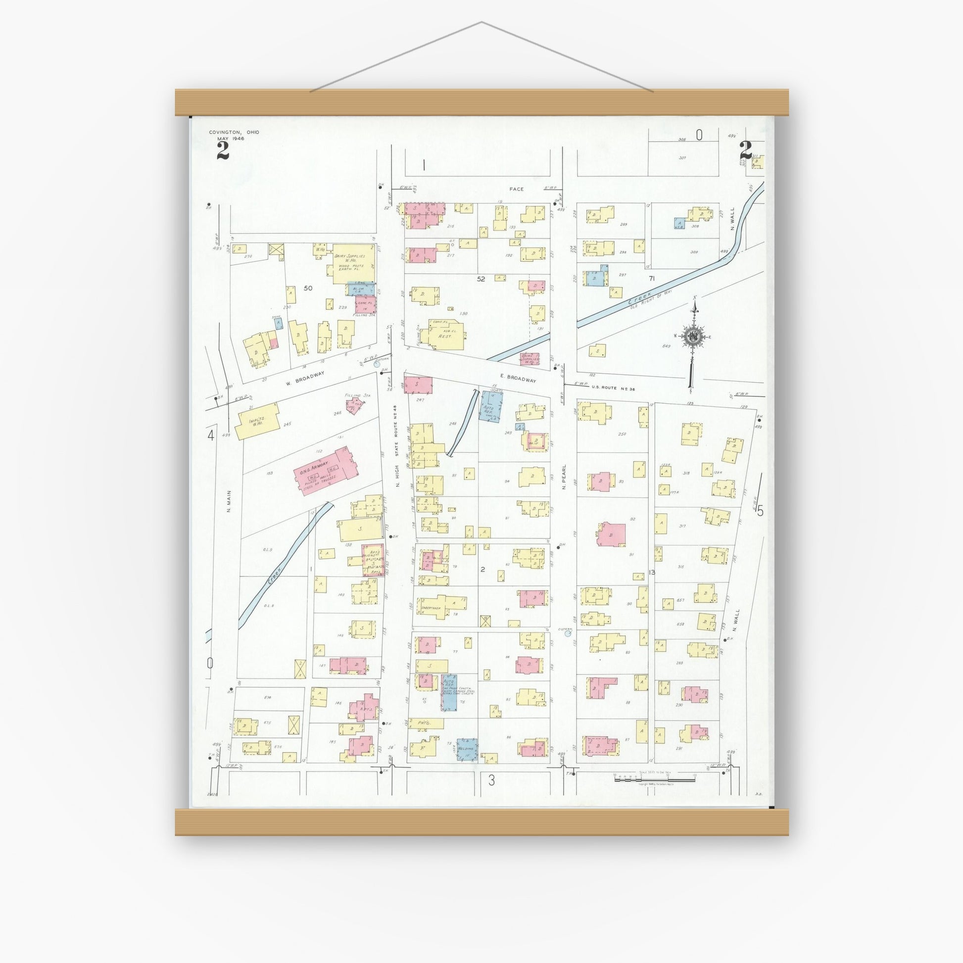 Old map wall art mockup — magnetic wood frame on white wall — Sanborn Fire Insurance Map from Covington, Miami County, Ohio (1946), Sheet #0002