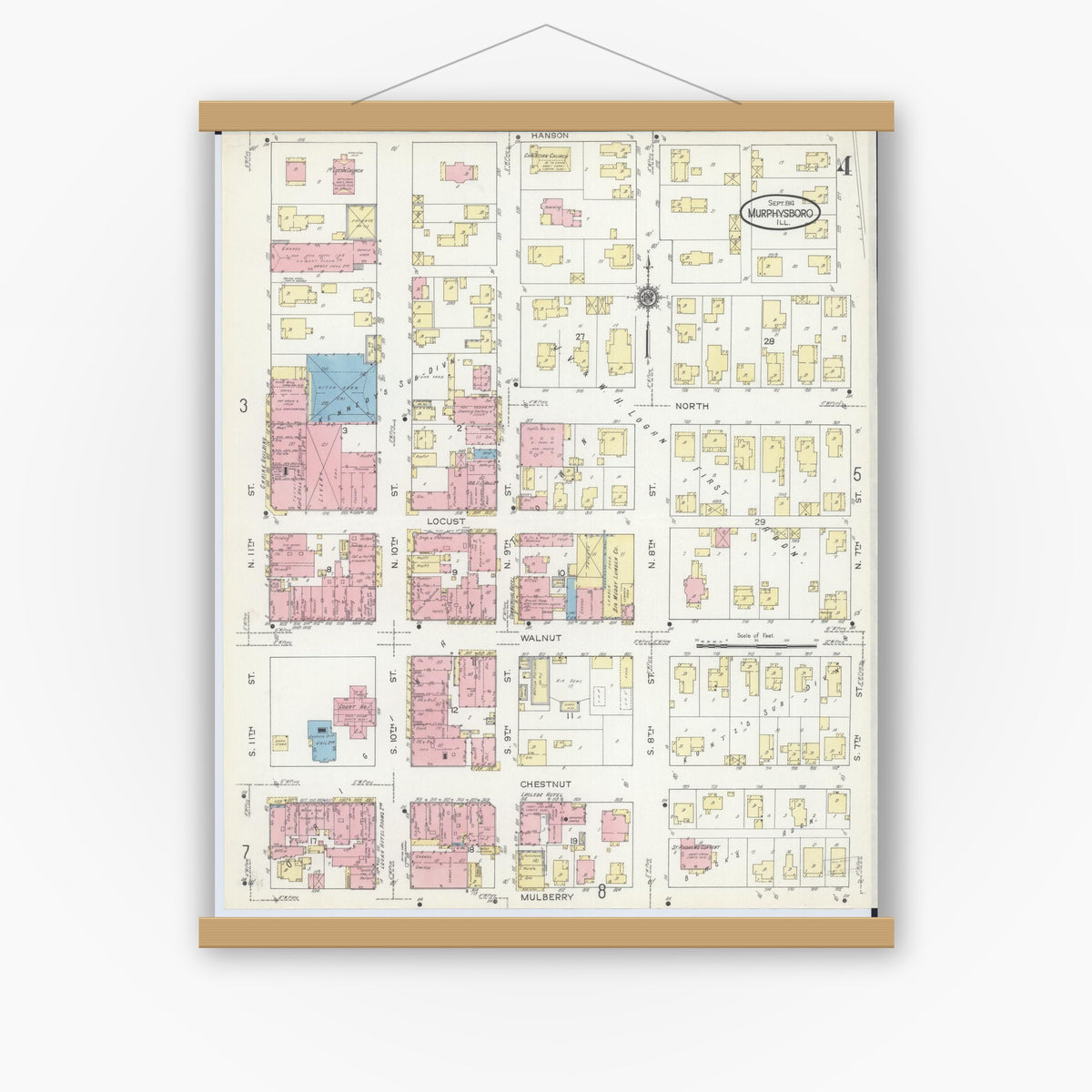 Old map wall art mockup — magnetic wood frame on white wall — Sanborn Fire Insurance Map from Murphysboro, Jackson County, Illinois (1914), Sheet #0004