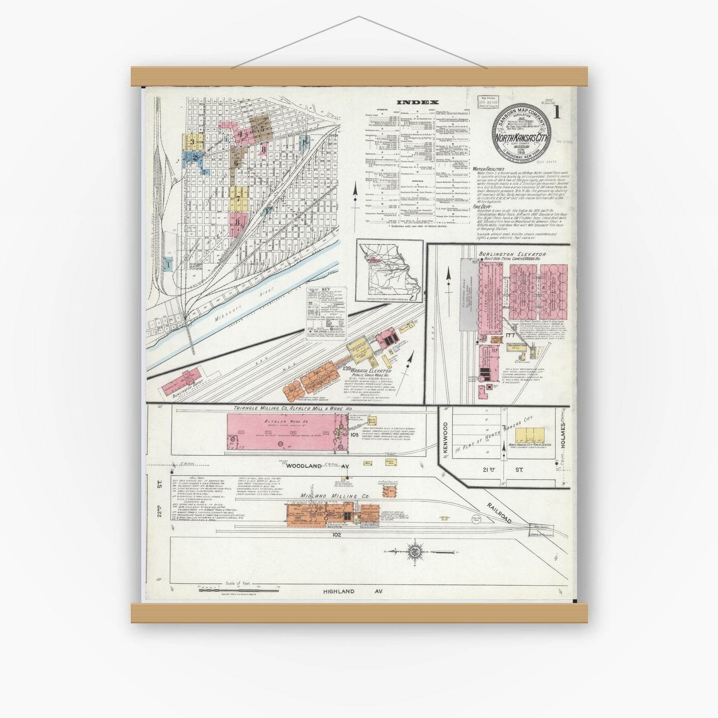 Old map wall art mockup — magnetic wood frame on white wall — Sanborn Fire Insurance Map from North Kansas City, Clay County, Missouri (1918) - Complete Map Set
