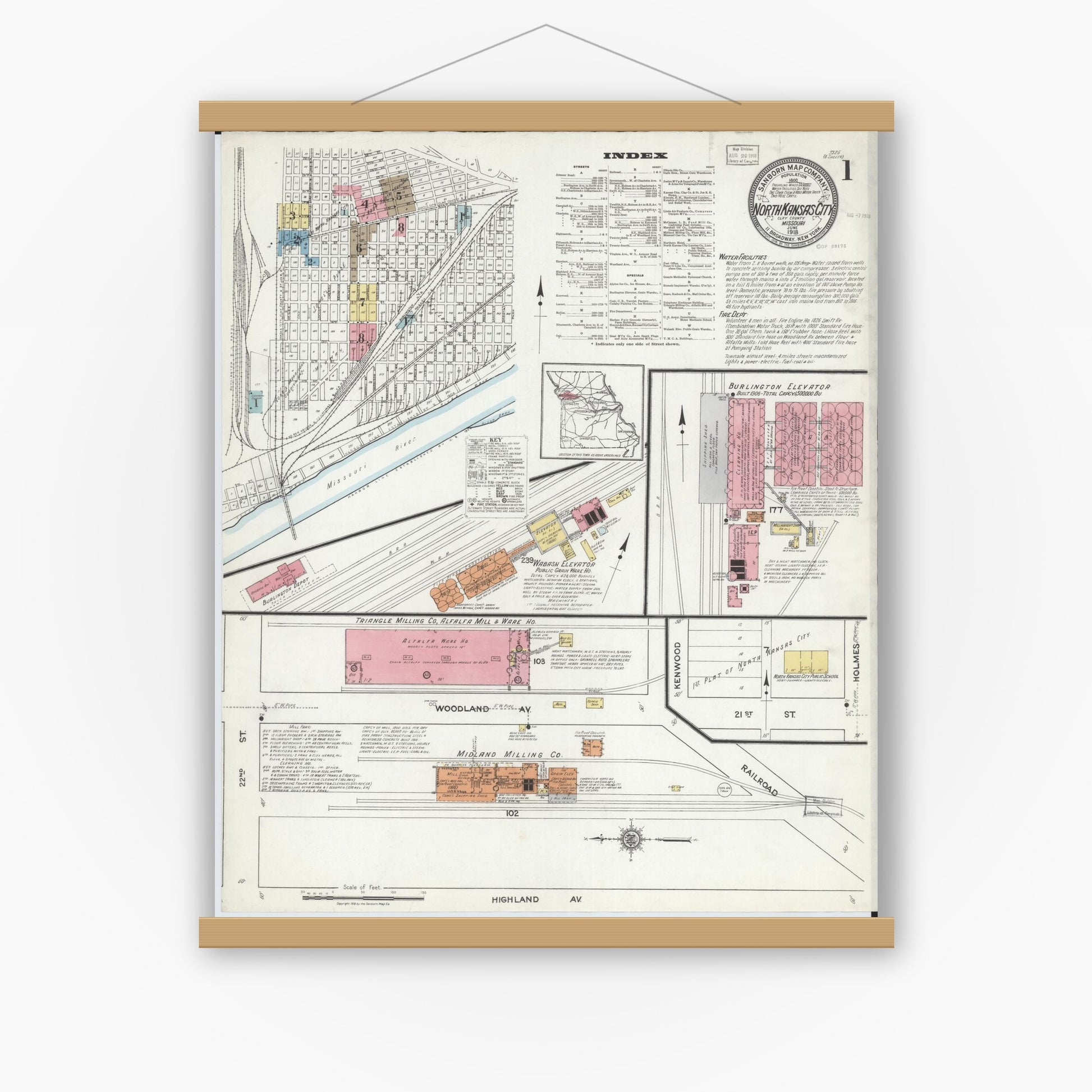 Old map wall art mockup — magnetic wood frame on white wall — Sanborn Fire Insurance Map from North Kansas City, Clay County, Missouri (1918) - Complete Map Set