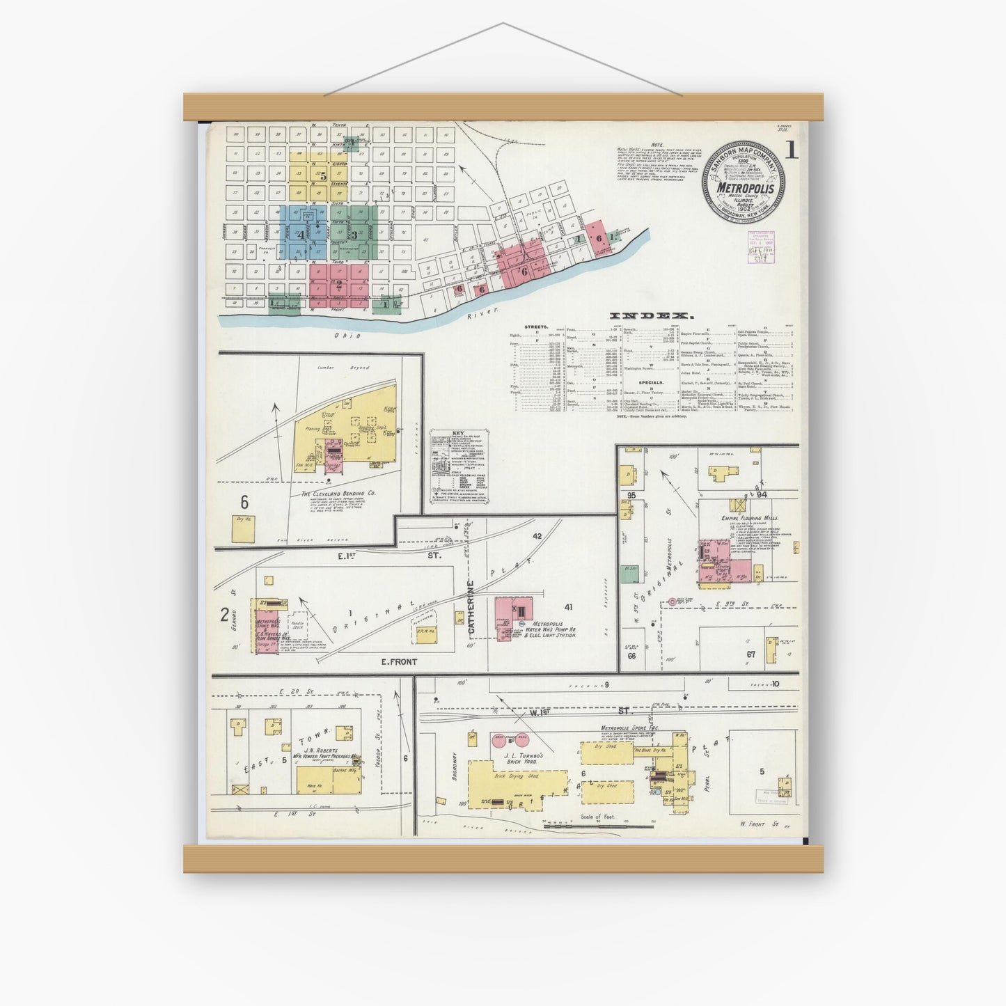 Old map wall art mockup — magnetic wood frame on white wall — Sanborn Fire Insurance Map from Metropolis, Massac County, Illinois (1902) - Complete Map Set
