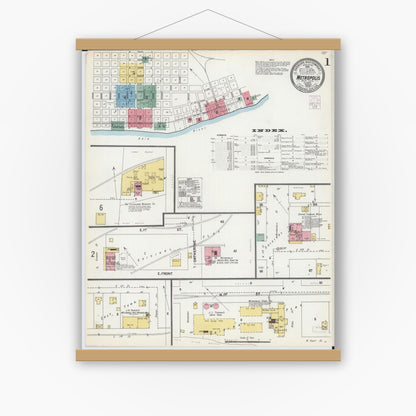 Old map wall art mockup — magnetic wood frame on white wall — Sanborn Fire Insurance Map from Metropolis, Massac County, Illinois (1902) - Complete Map Set