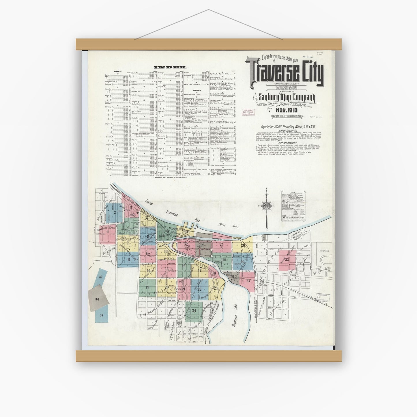 Old map wall art mockup — magnetic wood frame on white wall — Sanborn Fire Insurance Map from Traverse City, Grand Traverse County, Michigan (1910) - Complete Map Set
