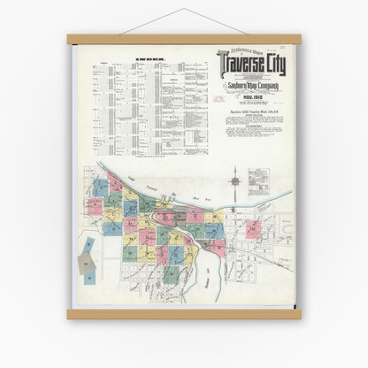 Old map wall art mockup — magnetic wood frame on white wall — Sanborn Fire Insurance Map from Traverse City, Grand Traverse County, Michigan (1910) - Complete Map Set