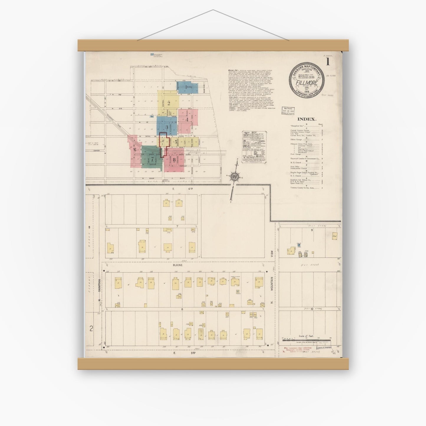 Old map wall art mockup — magnetic wood frame on white wall — Sanborn Fire Insurance Map from Fillmore, Ventura County, California (1918) - Complete Map Set