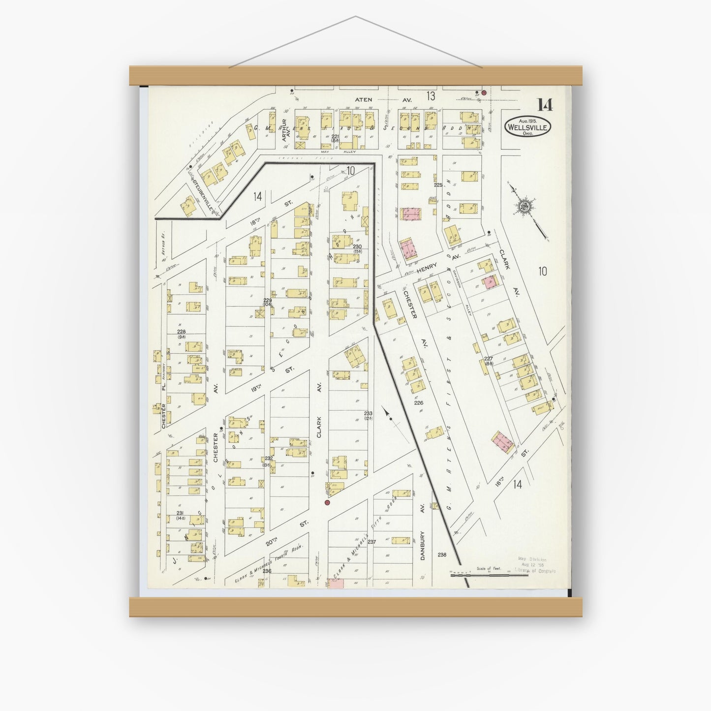 Old map wall art mockup — magnetic wood frame on white wall — Sanborn Fire Insurance Map from Wellsville, Columbiana County, Ohio (1915), Sheet #0014