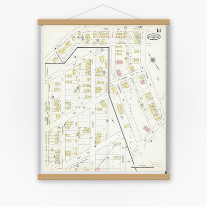 Old map wall art mockup — magnetic wood frame on white wall — Sanborn Fire Insurance Map from Wellsville, Columbiana County, Ohio (1915), Sheet #0014