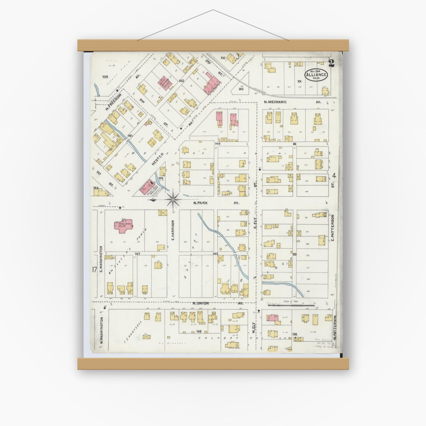 Old map wall art mockup — magnetic wood frame on white wall — Sanborn Fire Insurance Map from Alliance, Stark County, Ohio (1904), Sheet #0002