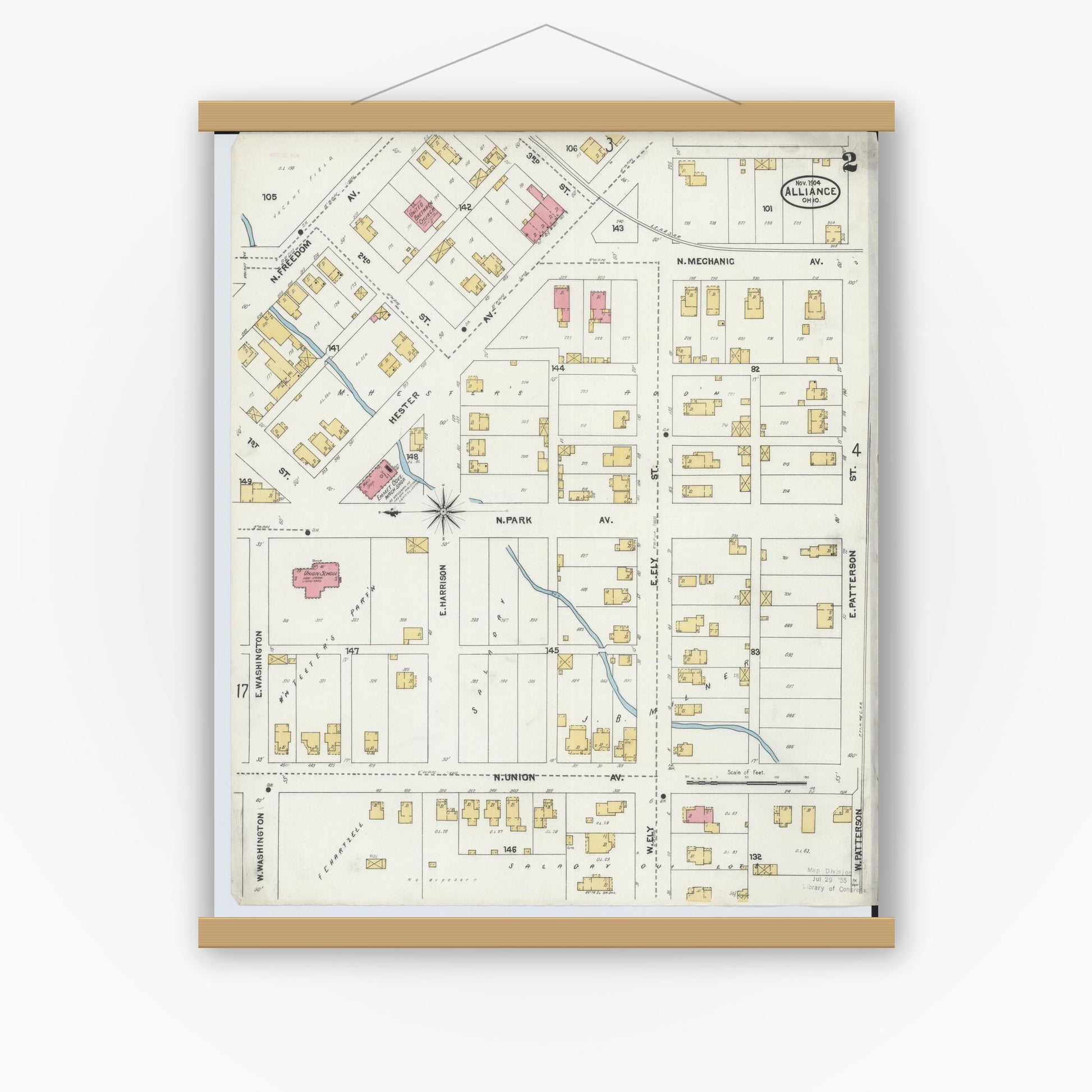 Old map wall art mockup — magnetic wood frame on white wall — Sanborn Fire Insurance Map from Alliance, Stark County, Ohio (1904), Sheet #0002
