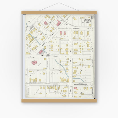 Old map wall art mockup — magnetic wood frame on white wall — Sanborn Fire Insurance Map from Alliance, Stark County, Ohio (1904), Sheet #0002