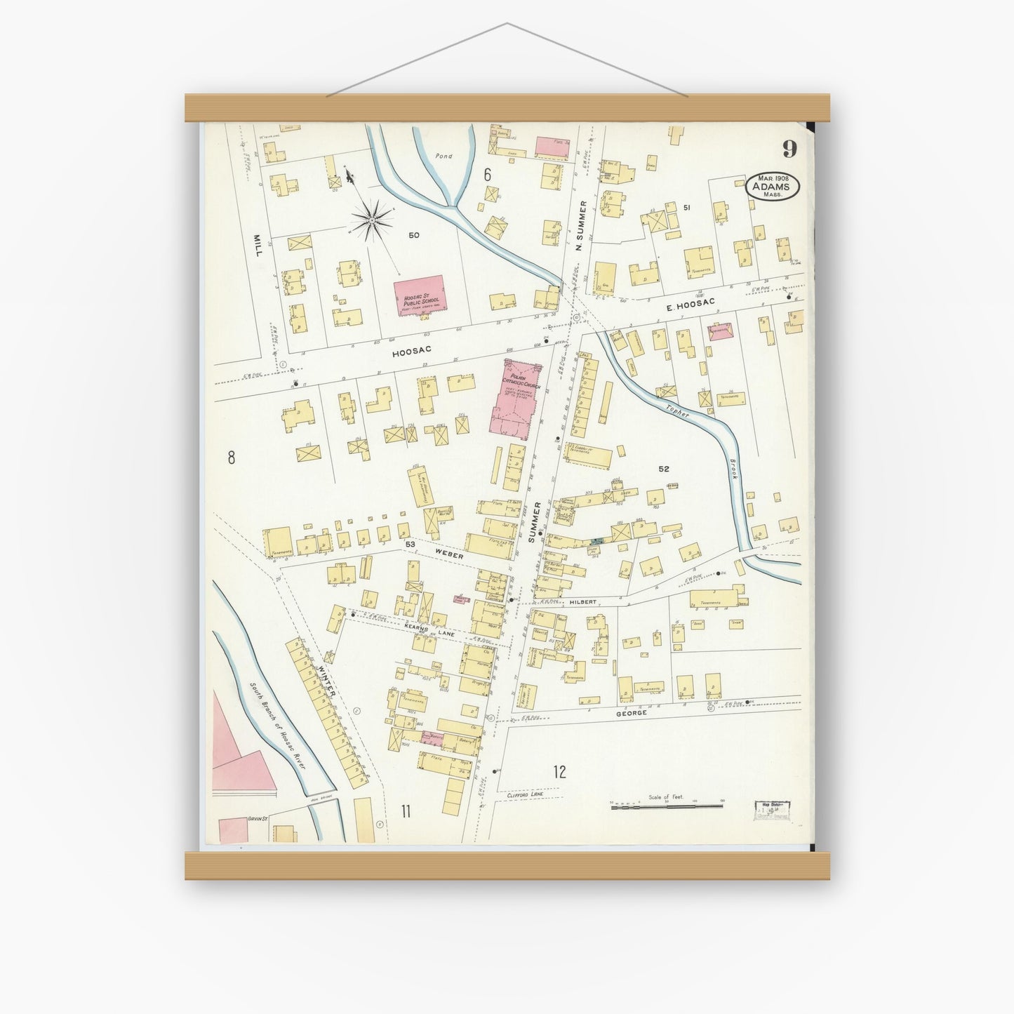 Old map wall art mockup — magnetic wood frame on white wall — Sanborn Fire Insurance Map from Adams, Berkshire County, Massachusetts (1908), Sheet #0009