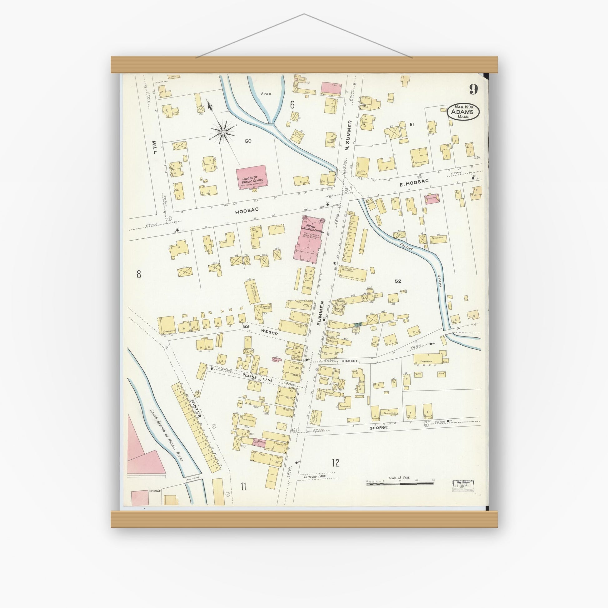 Old map wall art mockup — magnetic wood frame on white wall — Sanborn Fire Insurance Map from Adams, Berkshire County, Massachusetts (1908), Sheet #0009