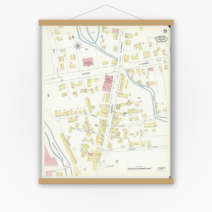 Old map wall art mockup — magnetic wood frame on white wall — Sanborn Fire Insurance Map from Adams, Berkshire County, Massachusetts (1908), Sheet #0009