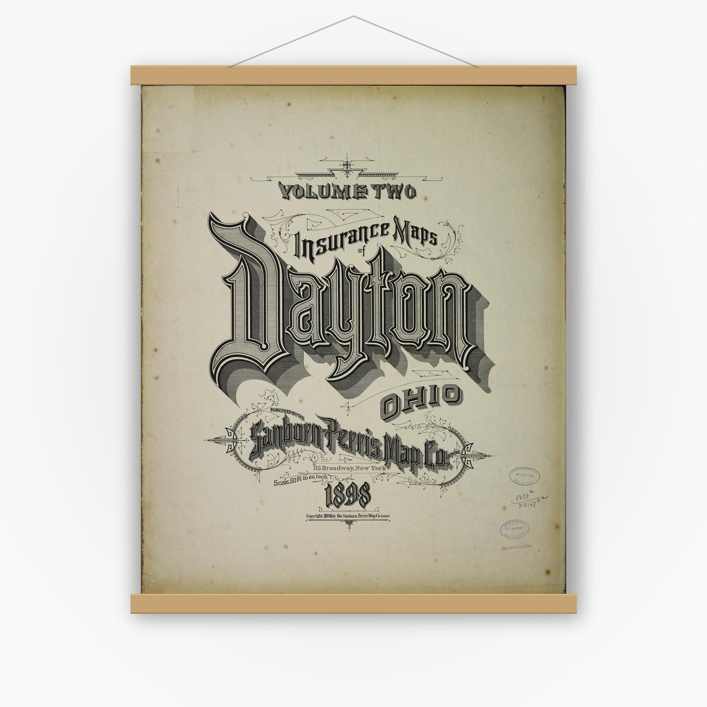 Old map wall art mockup — magnetic wood frame on white wall — Sanborn Fire Insurance Map from Dayton, Montgomery County, Ohio (1898), Sheet #0001