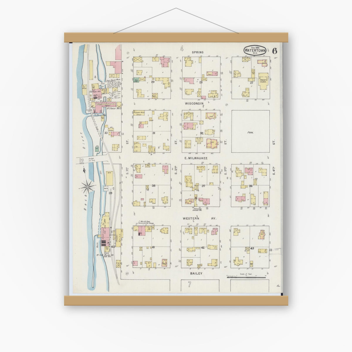Old map wall art mockup — magnetic wood frame on white wall — Sanborn Fire Insurance Map from Watertown, Jefferson County, Wisconsin (1895), Sheet #0006