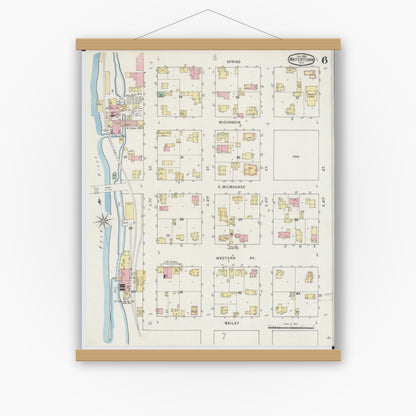 Old map wall art mockup — magnetic wood frame on white wall — Sanborn Fire Insurance Map from Watertown, Jefferson County, Wisconsin (1895), Sheet #0006