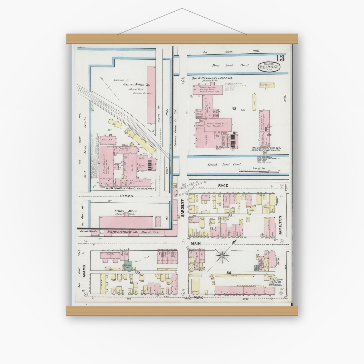 Old map wall art mockup — magnetic wood frame on white wall — Sanborn Fire Insurance Map from Holyoke, Hampden County, Massachusetts (1889), Sheet #0013