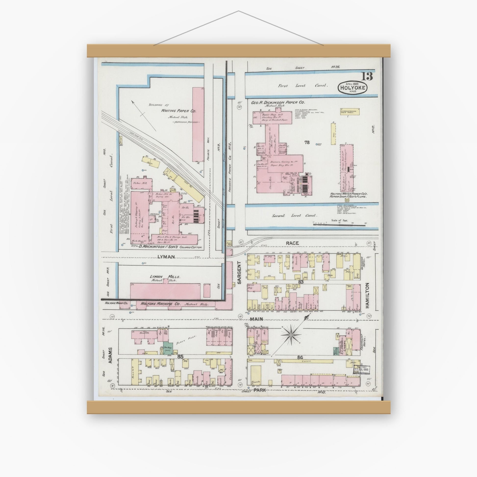 Old map wall art mockup — magnetic wood frame on white wall — Sanborn Fire Insurance Map from Holyoke, Hampden County, Massachusetts (1889), Sheet #0013