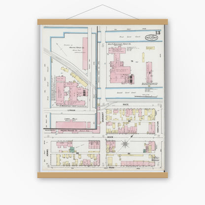 Old map wall art mockup — magnetic wood frame on white wall — Sanborn Fire Insurance Map from Holyoke, Hampden County, Massachusetts (1889), Sheet #0013