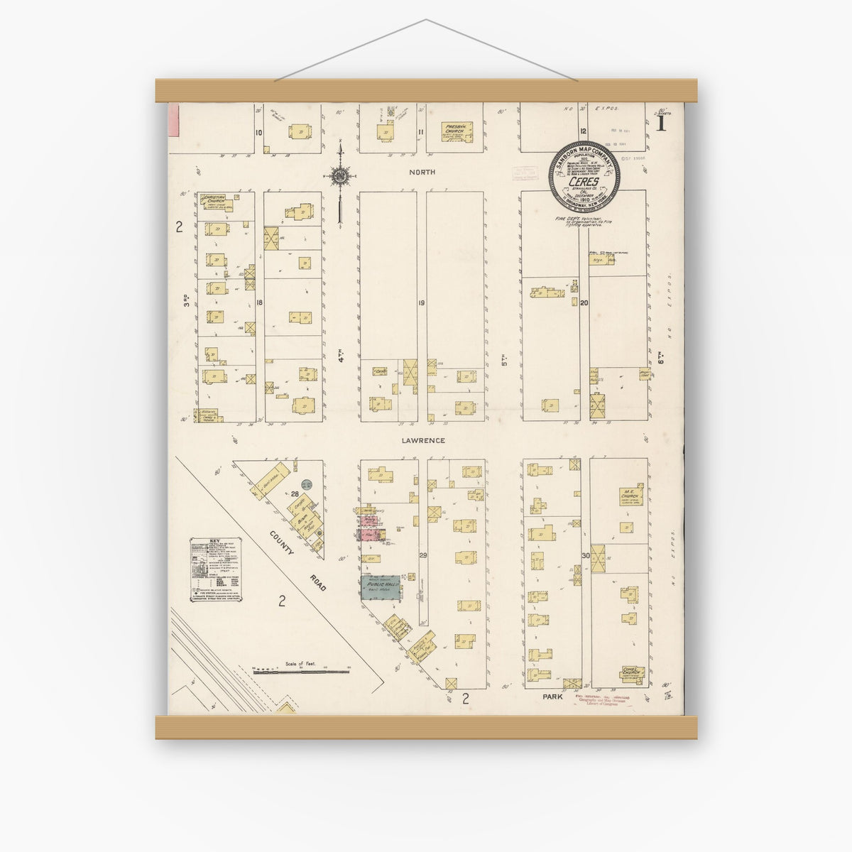 Old map wall art mockup — magnetic wood frame on white wall — Sanborn Fire Insurance Map from Ceres, Stanislaus County, California (1910) - Complete Map Set