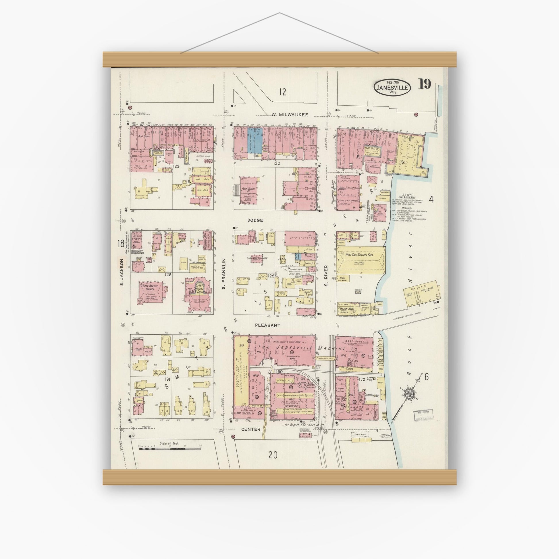 Old map wall art mockup — magnetic wood frame on white wall — Sanborn Fire Insurance Map from Janesville, Rock County, Wisconsin (1915), Sheet #0019