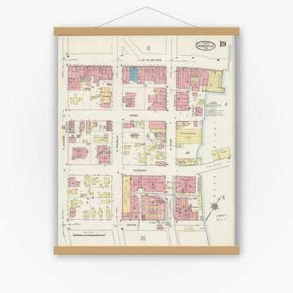 Old map wall art mockup — magnetic wood frame on white wall — Sanborn Fire Insurance Map from Janesville, Rock County, Wisconsin (1915), Sheet #0019