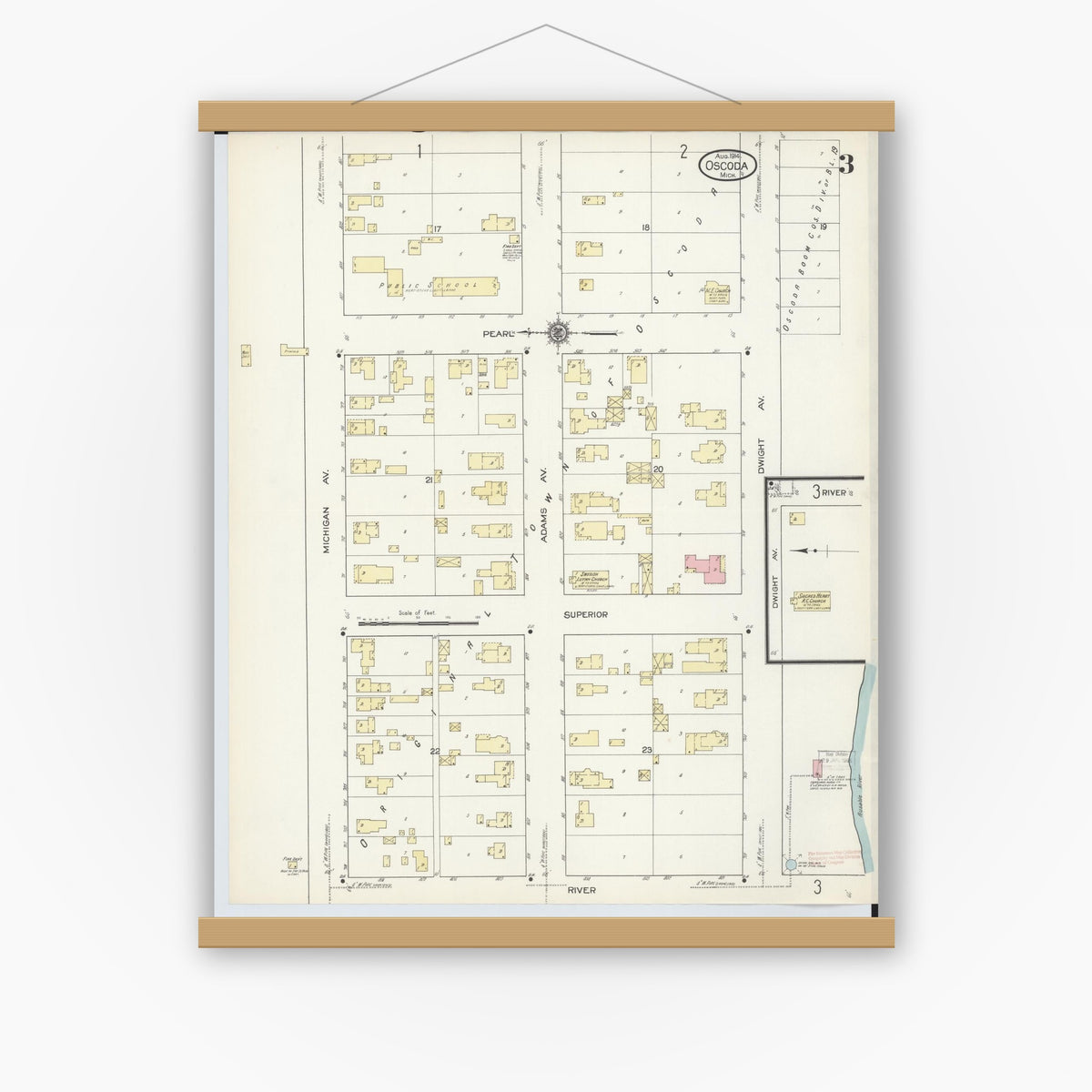 Old map wall art mockup — magnetic wood frame on white wall — Sanborn Fire Insurance Map from Oscoda, Iosco County, Michigan (1914), Sheet #0003